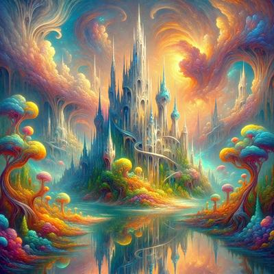 The primary subject of the image is a colorful, fantasy-like castle with a moat, surrounded by a lush green landscape. The setting is a vibrant, imaginative world with a castle in the center. The visual style is a digital art or illustration, featuring a mix of colors and intricate details. The overall atmosphere is lively, whimsical, and full of creativity.